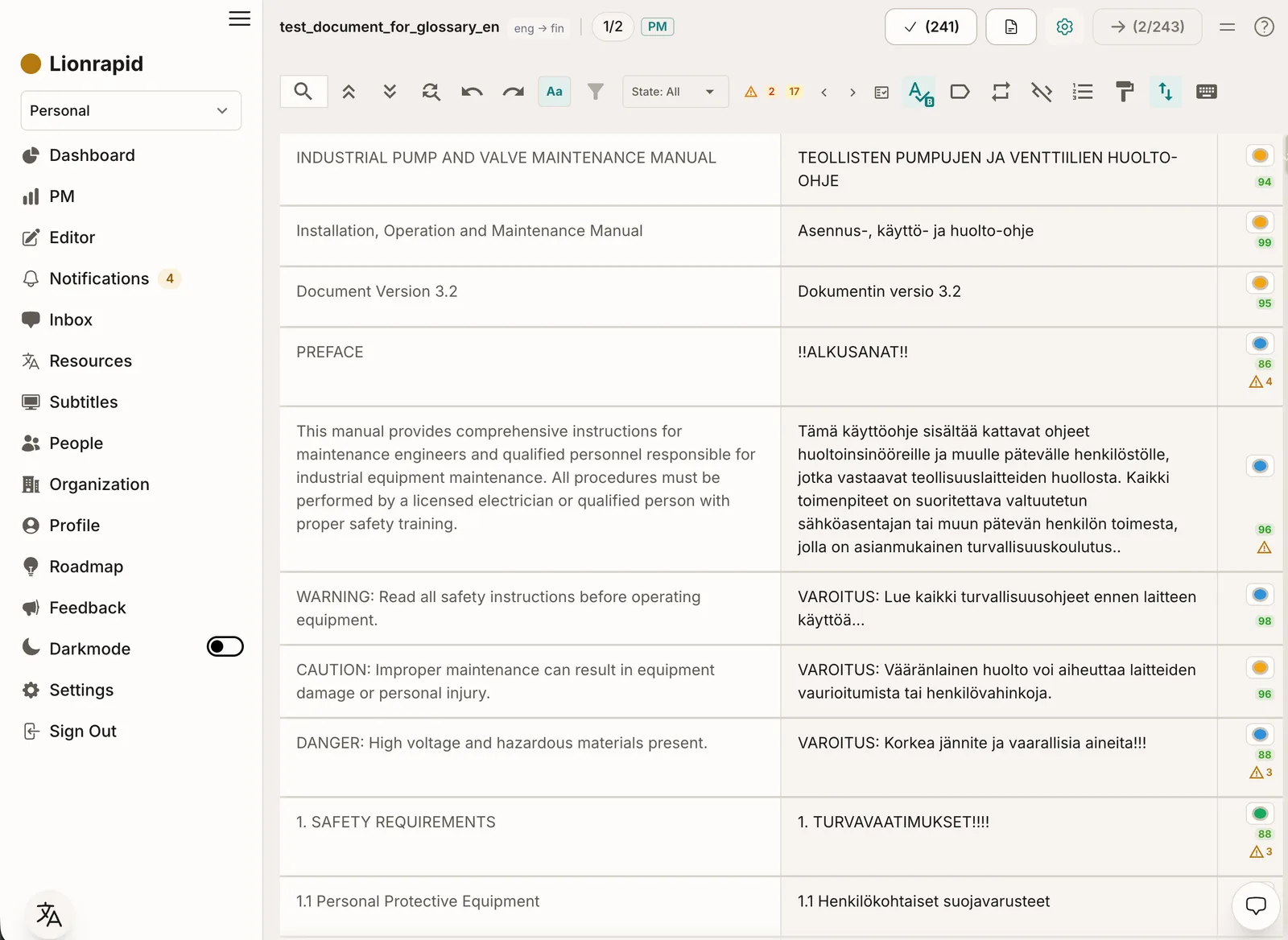 The CAT editor in light mode — every machine-translated segment carries its quality-estimation score
