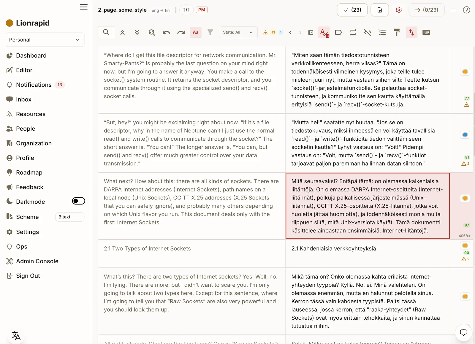The LionRapid CAT editor: side-by-side segments with per-segment quality-estimation scores and QA warnings