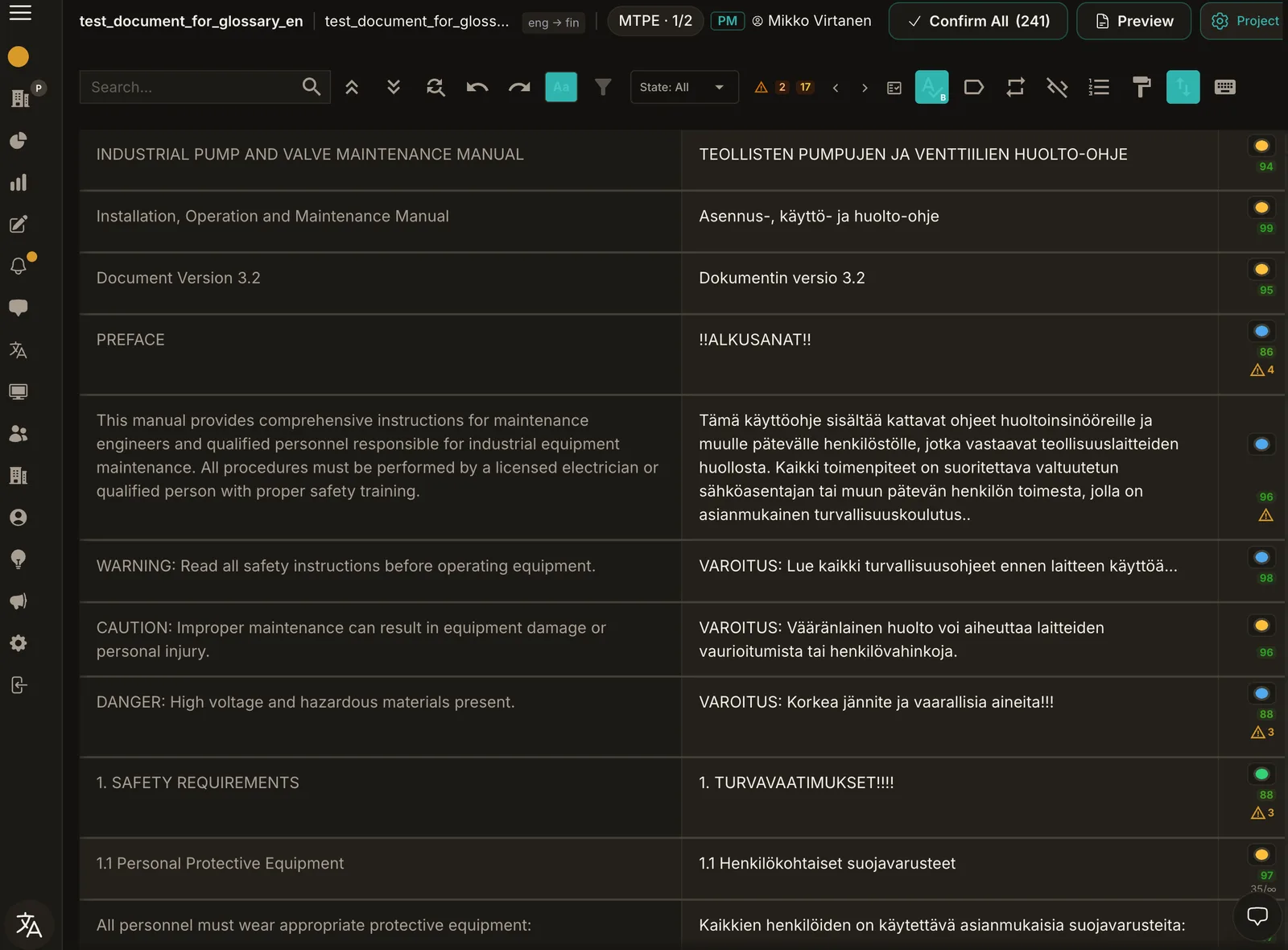 The LionRapid CAT editor: side-by-side segments with per-segment quality-estimation scores and QA warnings