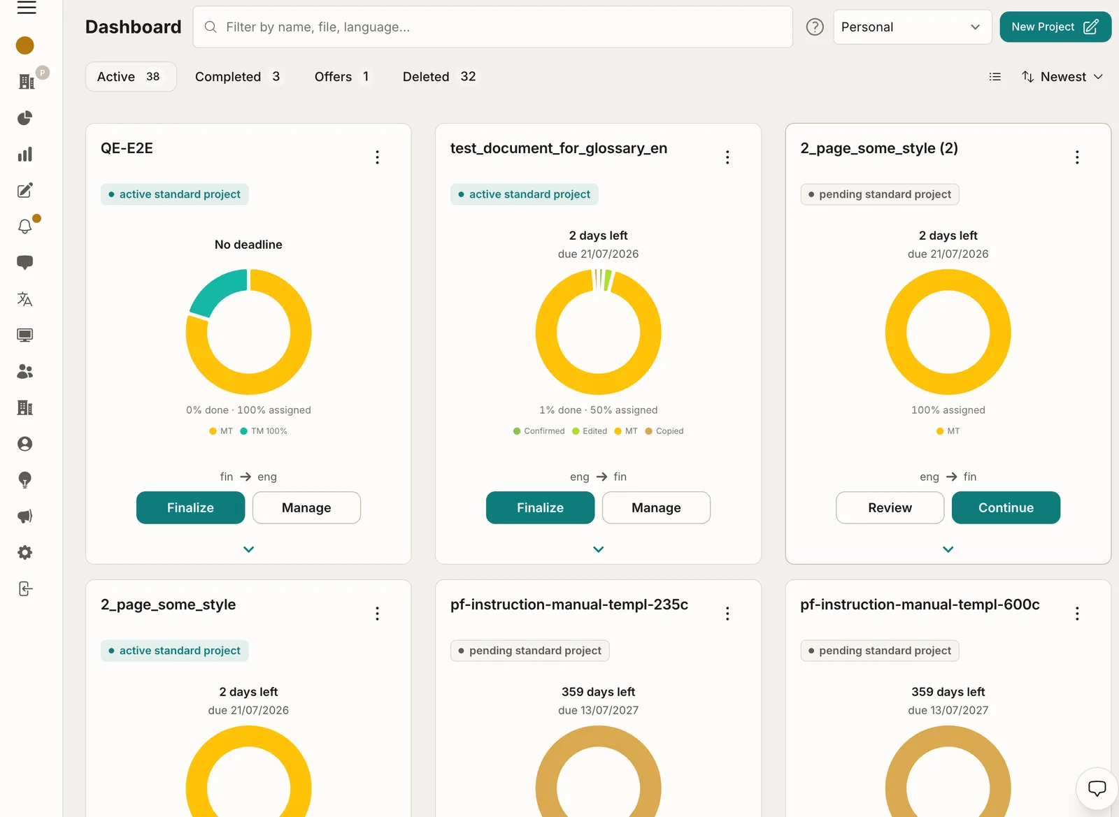 Creating a new translation project in LionRapid: file upload, source and target languages, deadline